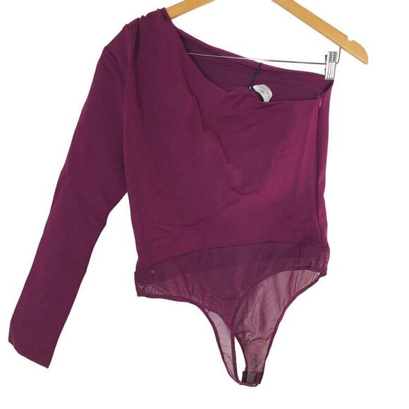 Chloe Kristyn Tisha Bodysuit Pleated One Shoulder Mesh Thong Magenta NWT Medium - Picture 4 of 8